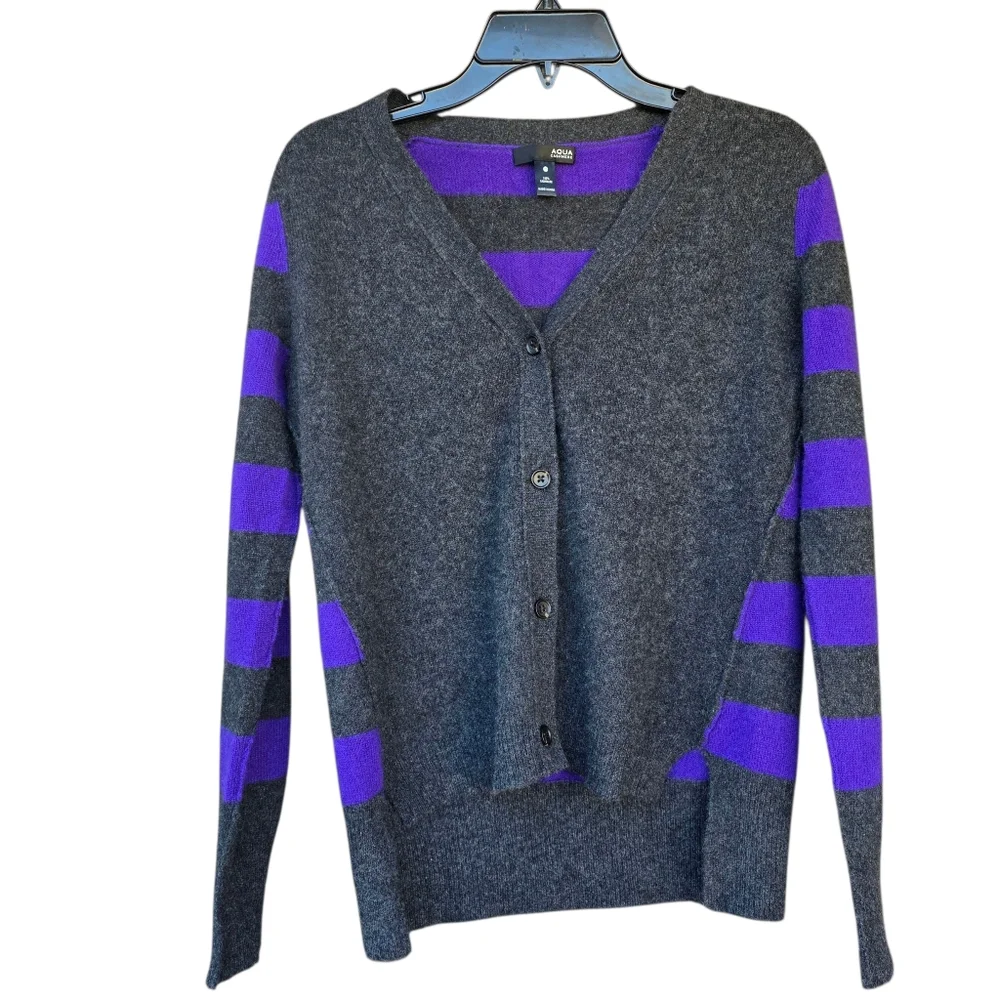 Aqua Striped Cashmere Button Up Cardigan- XS - Picture 4 of 13